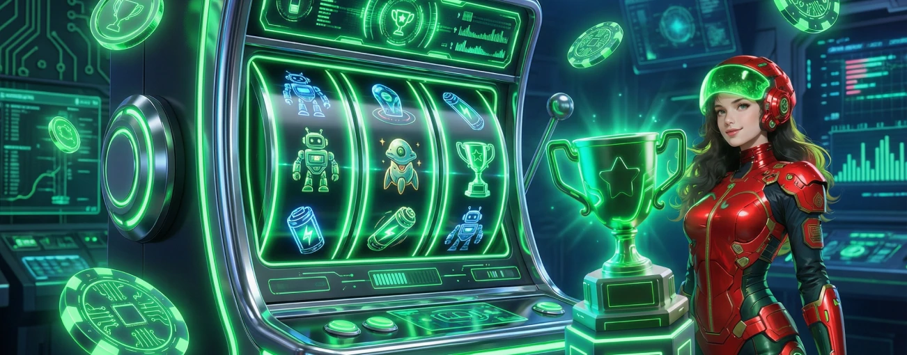 A digital green slot machine display with a winner's trophy at Bet4Star