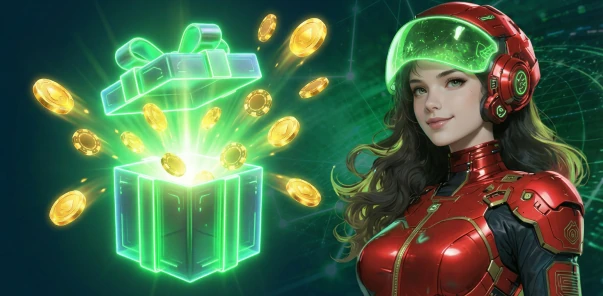 A dealer next to an exploding green gift box with gold coins at Bet4Star